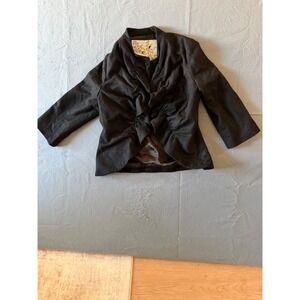 Anthropologie Tabitha Black Ruffle Front Ruched Wool Blend 3/4 Sleeve Blazer